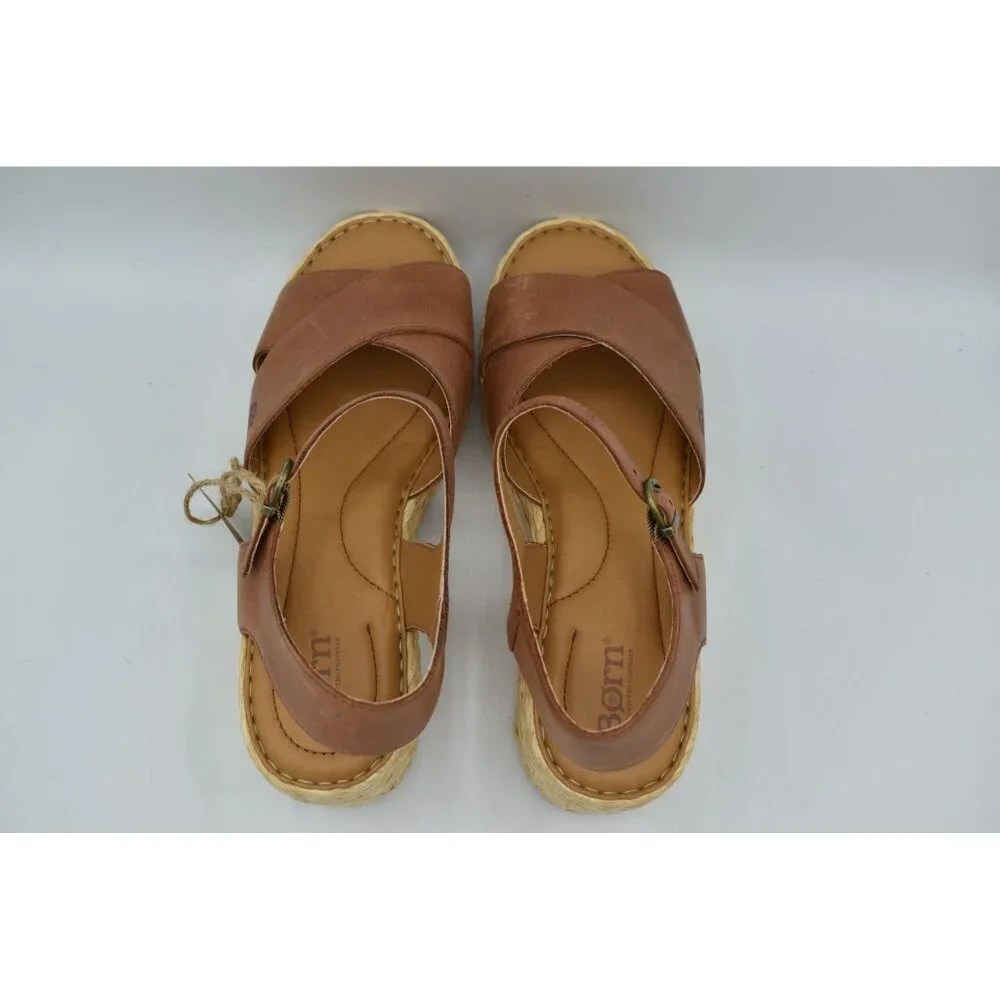 Born Womens Size 11 Moriah Brown Full Grain Leather Espadrille‎ Wedge Sandals